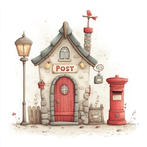 May include: Watercolor illustration of a charming post office. The building has a stone facade, a red door, and a gray roof. A red mailbox stands nearby. A street lamp and a small fence are also visible. The word "POST" is displayed on a sign.