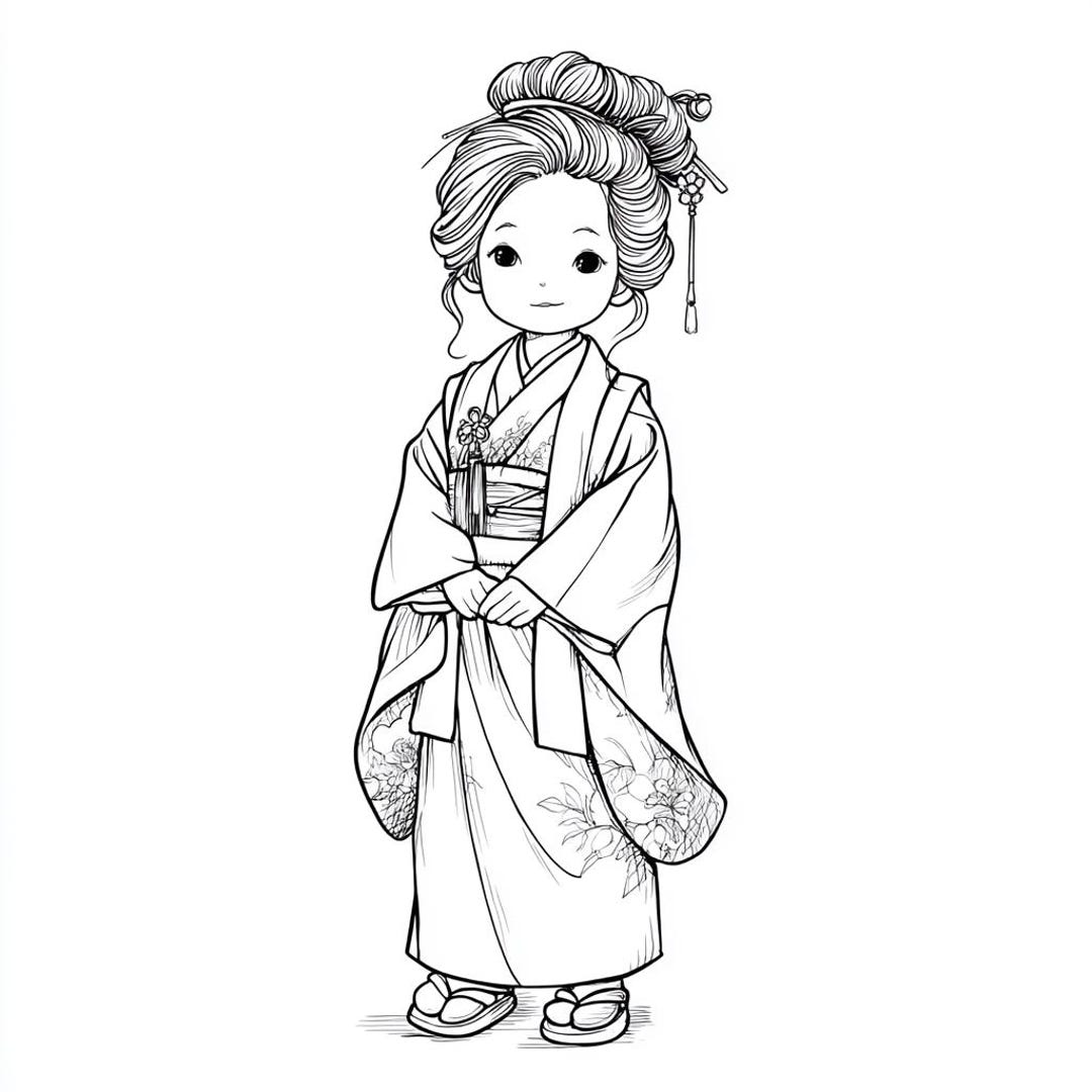 かわいい着物姿の女の子の線画セット - Etsy 日本