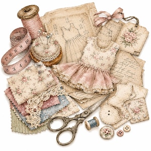 Puede incluir: Una colección de artículos de costura que incluye un carrete de hilo rosa, una cinta métrica, un alfiletero floral, un vestido en miniatura, retazos de tela con encaje, tijeras de metal, carretes pequeños, botones y patrones de papel con etiquetas.