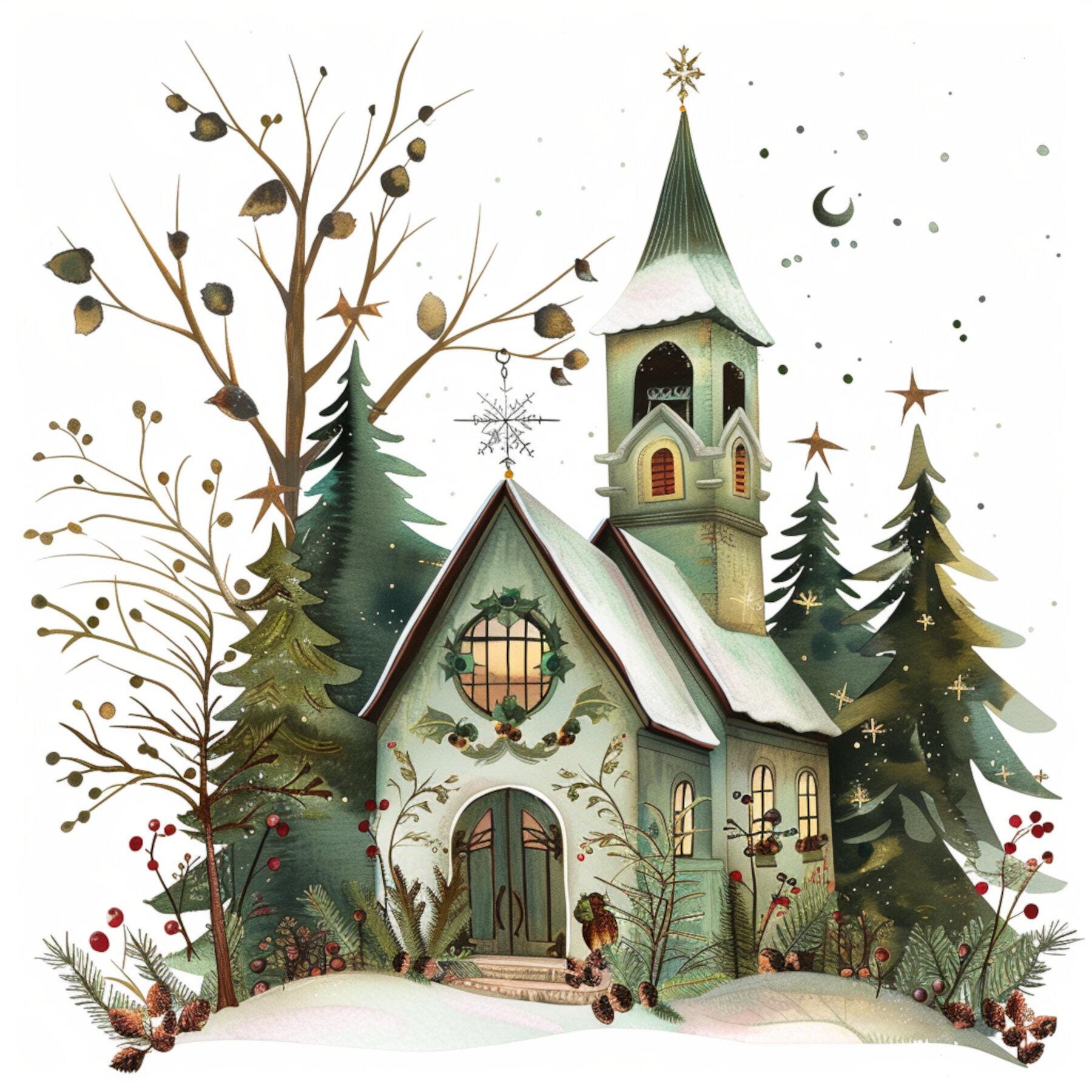 クリスマス教会、雪の教会、冬の教会アート、ホリデー教会、お祭り教会