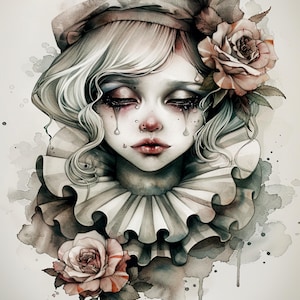 Pierrot, muñeco gótico, payaso triste, volantes vintage, tocado floral, tonos pastel, maquillaje llorón, moda barroca, arte melancólico