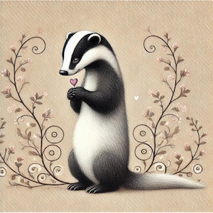 Barry Badger, cute badger, valentine badger, whimsical badger, love badger, forest badger, forest animals, JPG images,