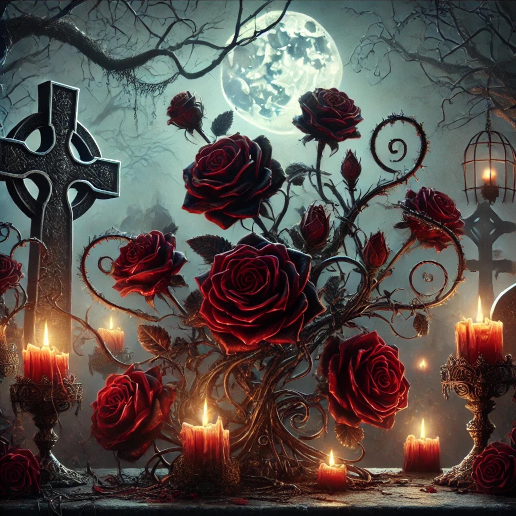 Dark Gothic Roses, Gothic Roses, Moonlit Graveyard, Eerie Candles ...