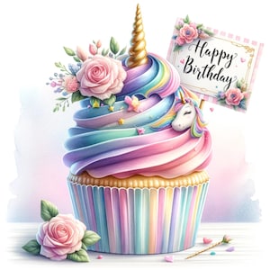 Unicorn Birthday cupcake, unicorn cupcake, pastel dessert, watercolor cake, birthday treat, cute cupcake, magical sweet, fantasy baking, JPG