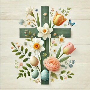 Cruz de Pascua, flores florecientes, diseño elegante, obra de arte serena, cruz decorativa, clipart religioso, imágenes JPG