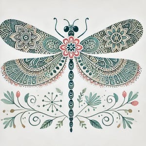 May include: A teal blue dragonfly with intricate mandala patterns on its wings. The dragonfly is surrounded by delicate green floral designs with pink accents.