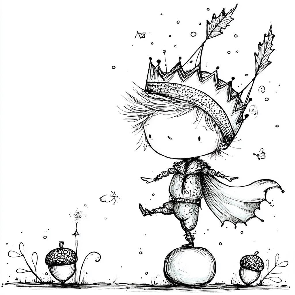 Whimsical Elf Balancing on Acorn | Ink and Watercolor Fantasy ...