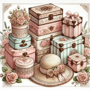 Caixas vintage, decoração em tons pastéis, chique gasto, arte em caixas de presente, arte em aquarela, caixas florais, desenho à mão, embalagens fofas, estilo feminino, imagens JPG