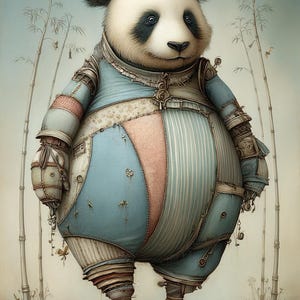 May include: A whimsical illustration of a panda bear wearing a patchwork outfit in shades of blue, pink, and white. The panda has black ears and eyes, and is surrounded by bamboo stalks. The panda's outfit has metal accents.
