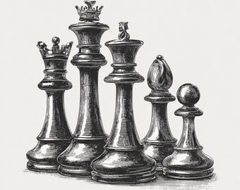 チェスの駒、キング・クイーン・ポーン、チェスのアートプリント、白黒