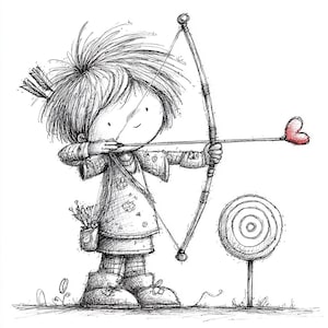 Whimsical Child Archer With Heart Arrow CLIPART, Sketch Style Cupid Aiming At Target With Red Heart Detail