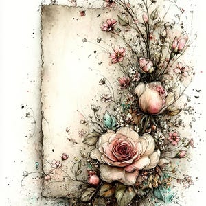 May include: Watercolor illustration of a blank paper with a floral arrangement. The flowers are primarily pink and white roses, with smaller pink blossoms and green leaves. The paper has a torn edge.