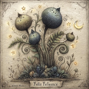 May include: Whimsical illustration featuring cat-shaped blooms in shades of green, blue, and tan, with a crescent moon and stars. The artwork includes the text "Felix Felieance" and "Willeny Woolicer" on a parchment-like background.