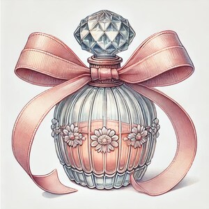 May include: A clear glass perfume bottle with a pink ribbon bow. The bottle has a faceted stopper and is decorated with small white flowers.