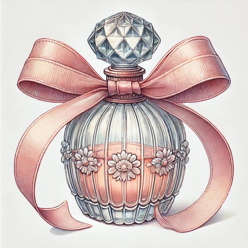 May include: A clear glass perfume bottle with a pink ribbon bow. The bottle has a faceted stopper and is decorated with small white flowers.