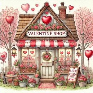 La tienda de San Valentín, Decoración de San Valentín, Boutique del amor, Regalos románticos, Motivos de corazones, Amuleto de acuarela, Tiendas extravagantes, Imágenes JPG