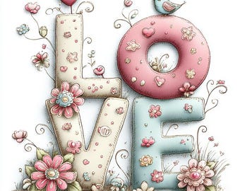 Floral LOVE Clipart, Whimsical Letter Art, Pastel Spring Flowers, Romantic Typography, Birds and Hearts Illustration, Cute Valentine Clipart