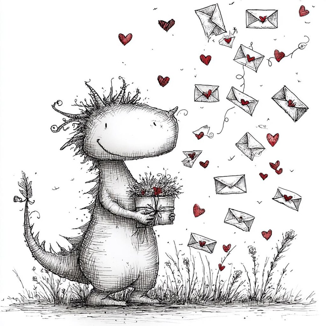 Whimsical Dragon Love Clipart Set, Hand-drawn Valentine PNG, Cute ...