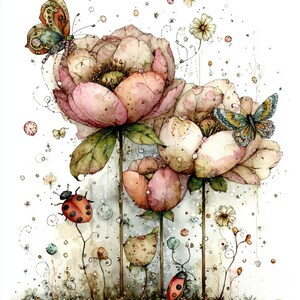watercolor flowers, floral art, blooming petals, butterfly garden, spring blossoms, ladybugs, whimsical flowers, fantasy garden,