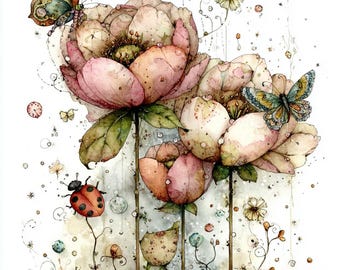 watercolor flowers, floral art, blooming petals, butterfly garden, spring blossoms, ladybugs, whimsical flowers, fantasy garden,