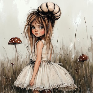 Chasseur de champignons, noyau de cottage fantaisiste, impression esthétique féerique, illustration fantastique des bois, fille bohème de la nature, fille aux champignons rustique