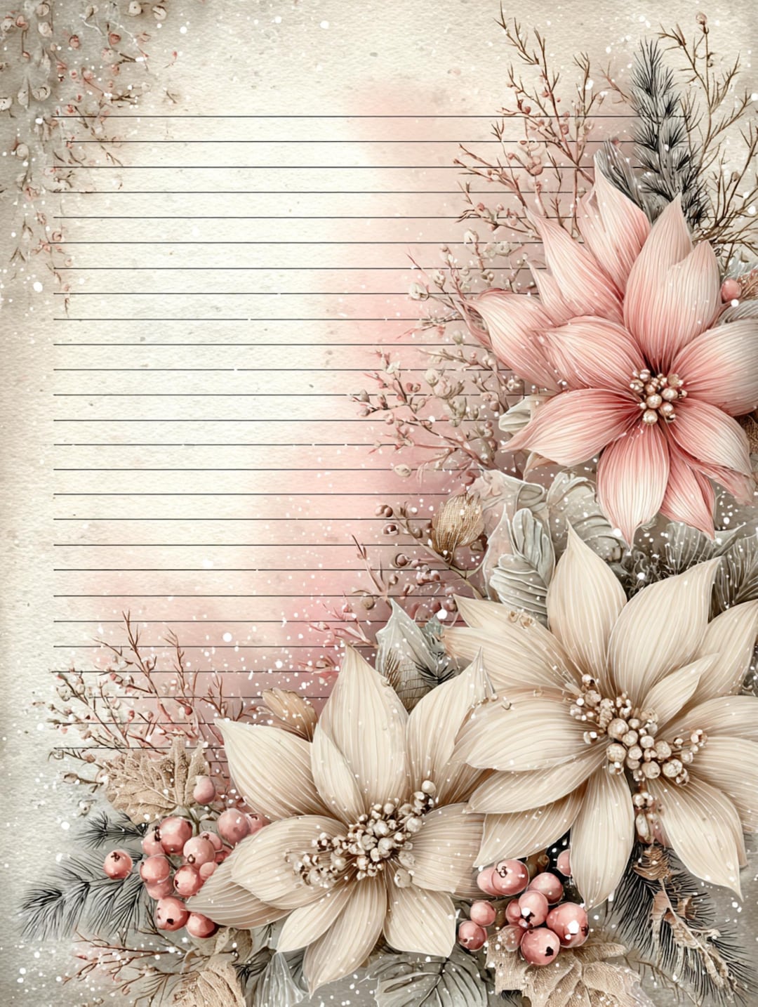 ポインセチアの花、クリスマスの花柄、水彩画のベリー、ヴィンテージの