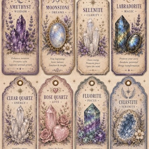 Crystal Apothecary Tags CLIPART, Assorted Crystal Gift Tags, Moon Magic Journal Tags, Witchy Ephemera Collection