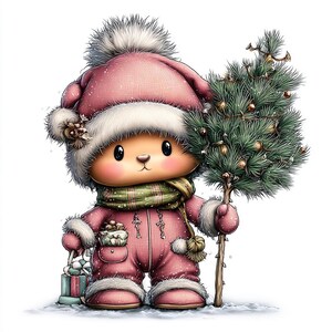 May include: A cute cartoon character dressed in a pink winter outfit, holding a small Christmas tree. The character wears a matching hat and scarf, and carries a gift. The image has a festive, holiday theme.