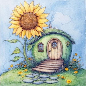 Sunflower Home, Cottage Art, Whimsical House, Floral House, Garden Cottage, Yellow Flower, Cute House, Fairy House, Summer Home, jpg images