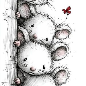 May include: A whimsical illustration of five white mice peeking out from behind a wooden post. The mice have fluffy fur, pink ears and noses, and are drawn in a detailed, sketch-like style. A small red flower adds a touch of color.