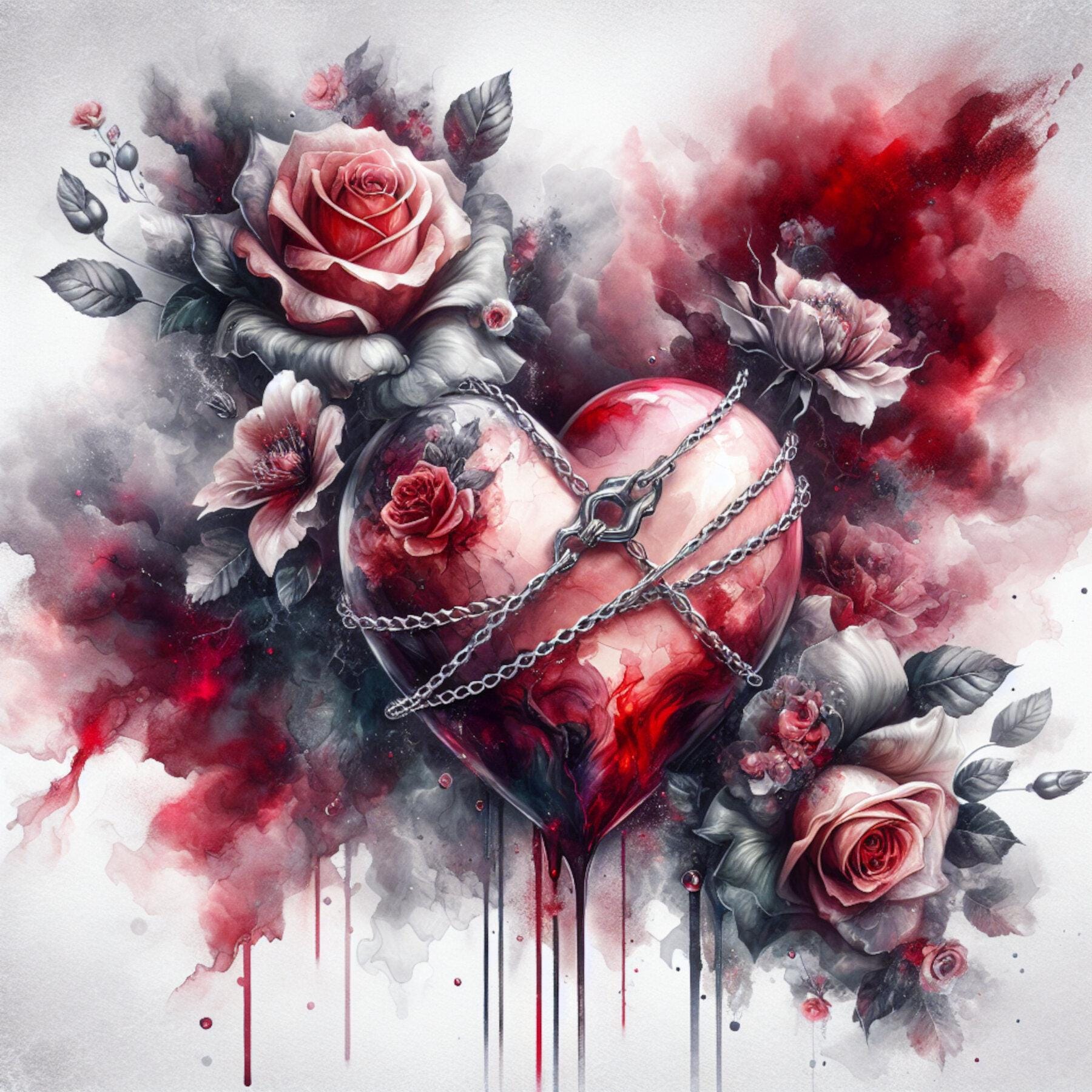 Heart in Chains, Ink Wash Art, Emotional Symbolism, Abstract Background ...