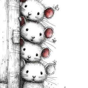Pode incluir: Uma ilustração caprichosa apresenta quatro ratos brancos espreitando por trás de uma moldura de porta de madeira. Cada rato tem pelo fofo, orelhas cor-de-rosa e longos bigodes. Borboletas voam ao redor dos ratos, adicionando um toque de fantasia ao desenho em preto e branco.