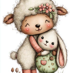 May include: A charming illustration of a sheep and a bunny hugging. The sheep, with fluffy white wool and a floral crown, embraces the bunny wearing green overalls with heart details. The artwork has a soft, watercolor style with a warm color palette.