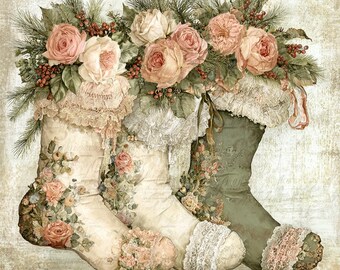 Vintage Stocking, Lace Christmas, Floral Boot Art, Shabby Chic Art