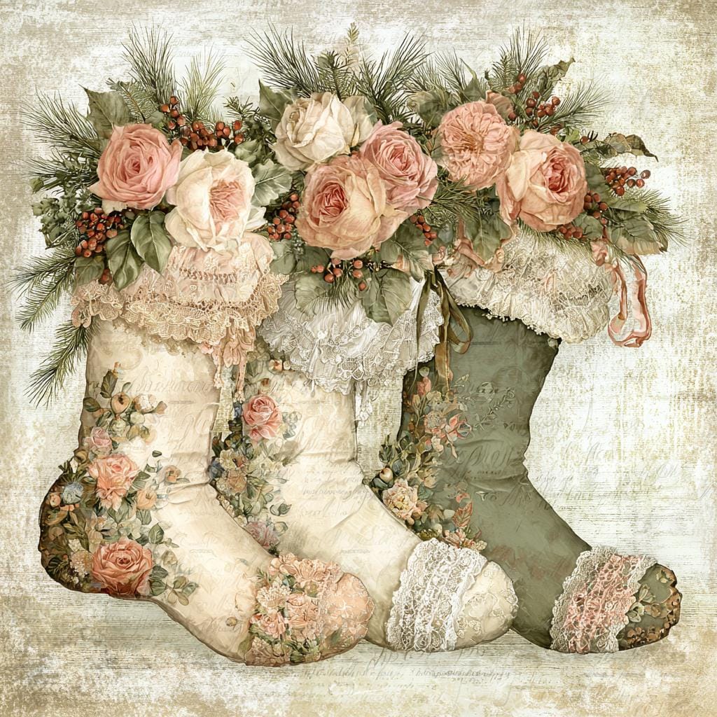 Vintage Stocking, Lace Christmas, Floral Boot Art, Shabby Chic Art