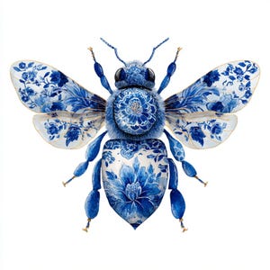 Chinoiserie bee, floral bee design, porcelain bee, indigo bee print, elegant bug art, delft bee art, blue white decor, blue bee art, Bee JPG