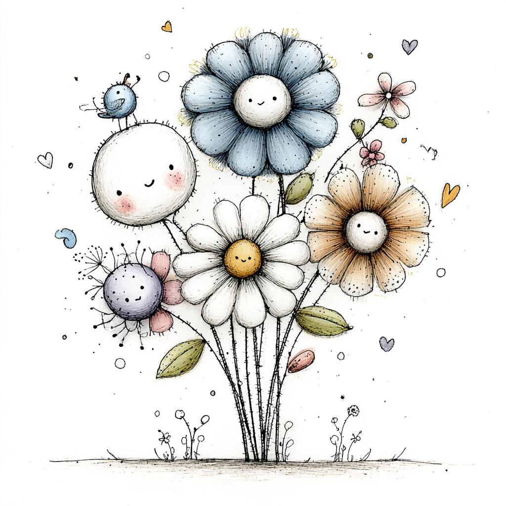 Whimsical Flower Art Print, Cute Smiling Flowers Illustration