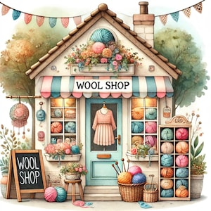 The Wool Shop, behagliche Wolle Vibes, Strickzubehör, Garn und Nadeln, bunte Stränge, Wolle zum Basteln, JPG Bilder