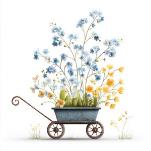 Forget me not, blue cart, yellow cart, floral cart, rustic cart, spring cart, cottage cart, garden cart, flower cart, wildflower