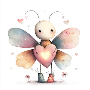 May include: A charming watercolour illustration of a butterfly-like character holding a glowing pink heart. The butterfly has pastel wings, a cream-coloured head, and wears blue and red boots. Small hearts and flowers are scattered around the figure.