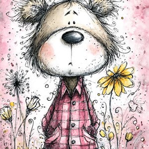Puede incluir: Ilustraci&oacute;n caprichosa de un personaje parecido a un oso con una camisa a cuadros rosa, entre flores estilizadas. La obra de arte presenta una paleta de colores suaves con acentos rosas y amarillos, y un estilo texturizado dibujado a mano.