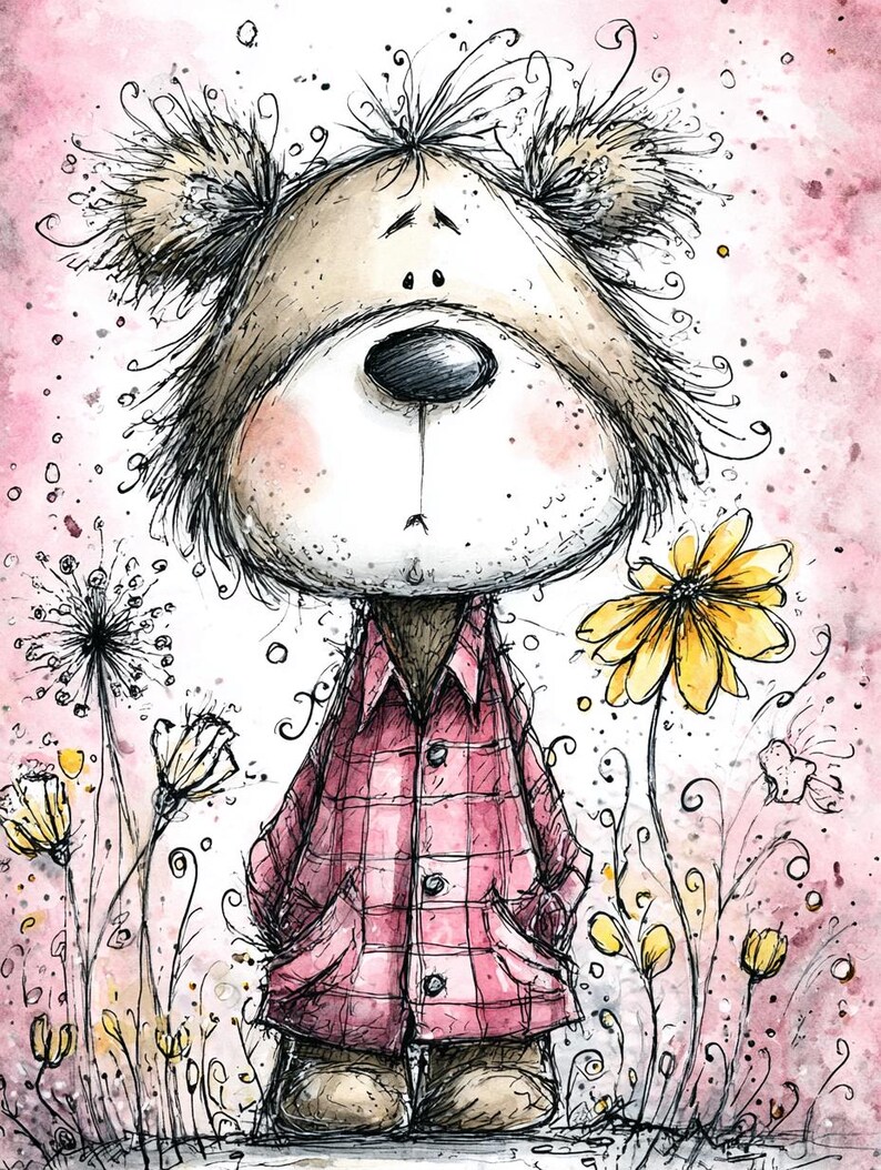 Puede incluir: Ilustraci&oacute;n caprichosa de un personaje parecido a un oso con una camisa a cuadros rosa, entre flores estilizadas. La obra de arte presenta una paleta de colores suaves con acentos rosas y amarillos, y un estilo texturizado dibujado a mano.
