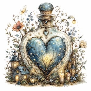 May include: A glass bottle with a cork stopper featuring a heart-shaped center filled with blue tones, golden stars, and vine-like branches. The bottle is surrounded by small stone houses, glowing lanterns, a lit candle, and various floral elements.