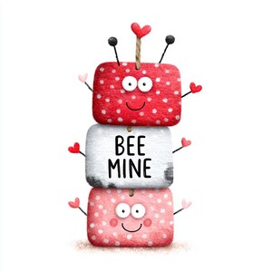 May include: A whimsical illustration of three stacked, rectangular shapes. The top shape is red with white polka dots, the middle is white with the text "BEE MINE", and the bottom is pink with white polka dots. Each shape has a smiling face and heart-shaped arms.