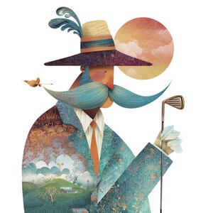 Op de afbeelding: Illustratie van een man in een pak en hoed met patronen, die een golfclub vasthoudt. De man heeft een grote, blauwe snor en een grillige stijl. Een kleine vogel vliegt in de buurt van zijn gezicht, met een zonsondergang op de achtergrond.