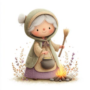old crone, cottage witch, forest magic, herbal potions, cauldron fire, rustic folklore, enchanted homestead, cozy spells, woodland charm
