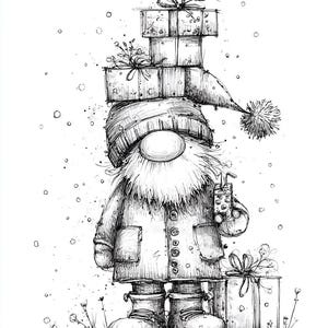 May include: A whimsical black and white illustration of a gnome wearing a hat and coat, holding a drink, and standing next to a gift box. The gnome has a long beard and is topped with stacked gift boxes and a small bird. Snowflakes are falling.
