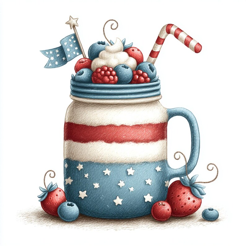 Red White Blue Mug, Patriotic Dessert Art, 4th July Berry Cup ...