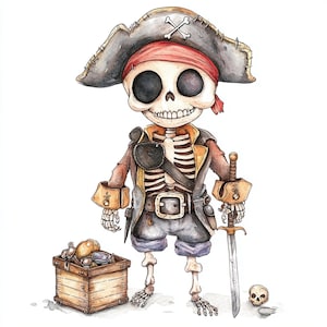 Squelette de pirate, pirate mignon, art d'Halloween, pirate fantôme, pirate pour enfants, os de pirate, squelette drôle, décoration de pirate, carte au trésor, images JPG