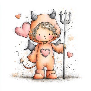 May include: A watercolor illustration of a child in a devil costume. The orange outfit features a heart on the chest, horns, and a tail. The child holds a trident and is surrounded by pink hearts and black wings.